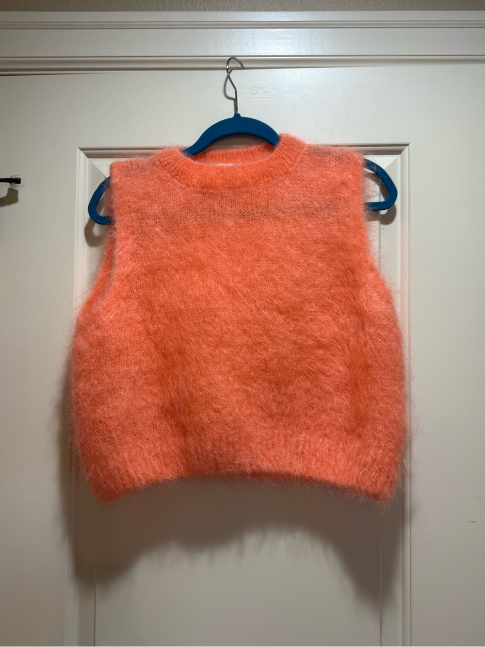 Opulence Fuzzy Knit Sleeveless Crop Sweater in Bright Coral